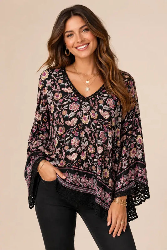 Pine Apparel Floral Crochet Trim 3/4 Sleeve Blouse | 100% Rayon Crinkle Challis | S-XL | Black