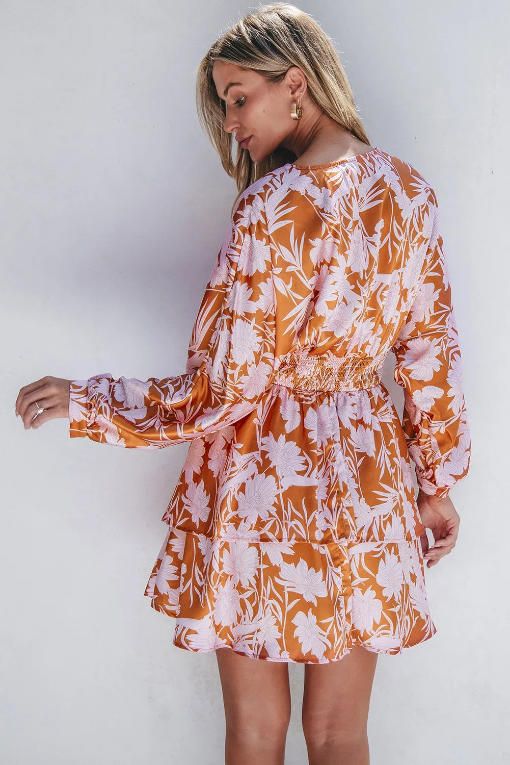 Blueberi B Women’s Smocked Printed Long Sleeve Mini Dress Polyester S-XL