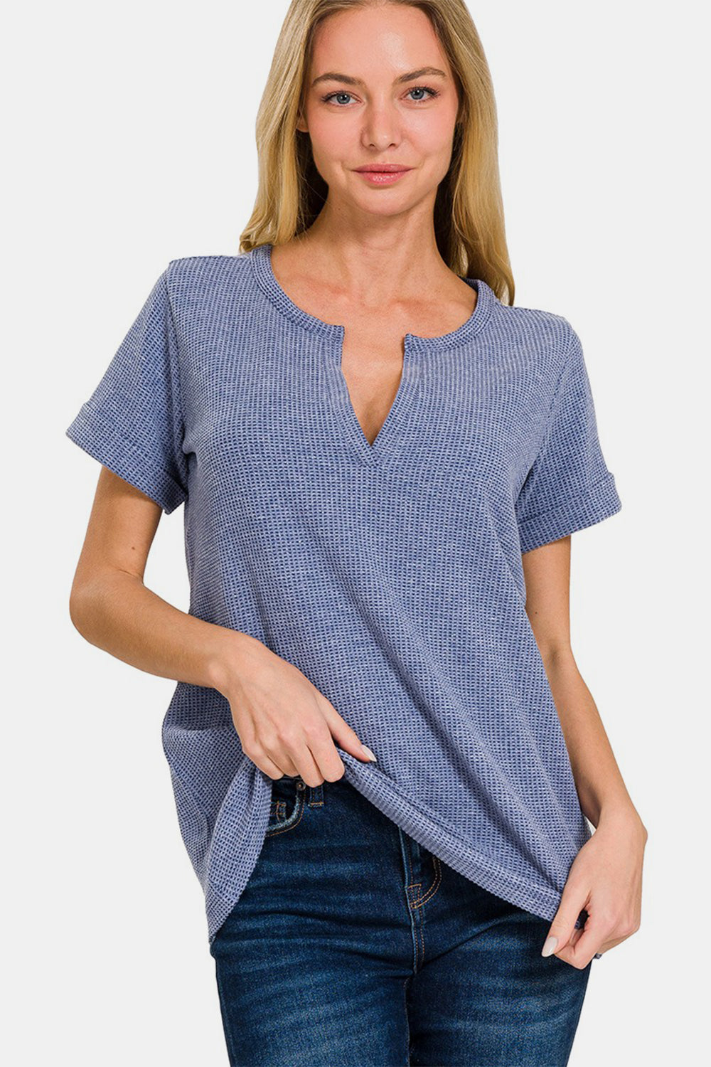 Zenana Women’s Notched Short Sleeve Waffle T-Shirt Polyester Cotton Spandex Size S-L