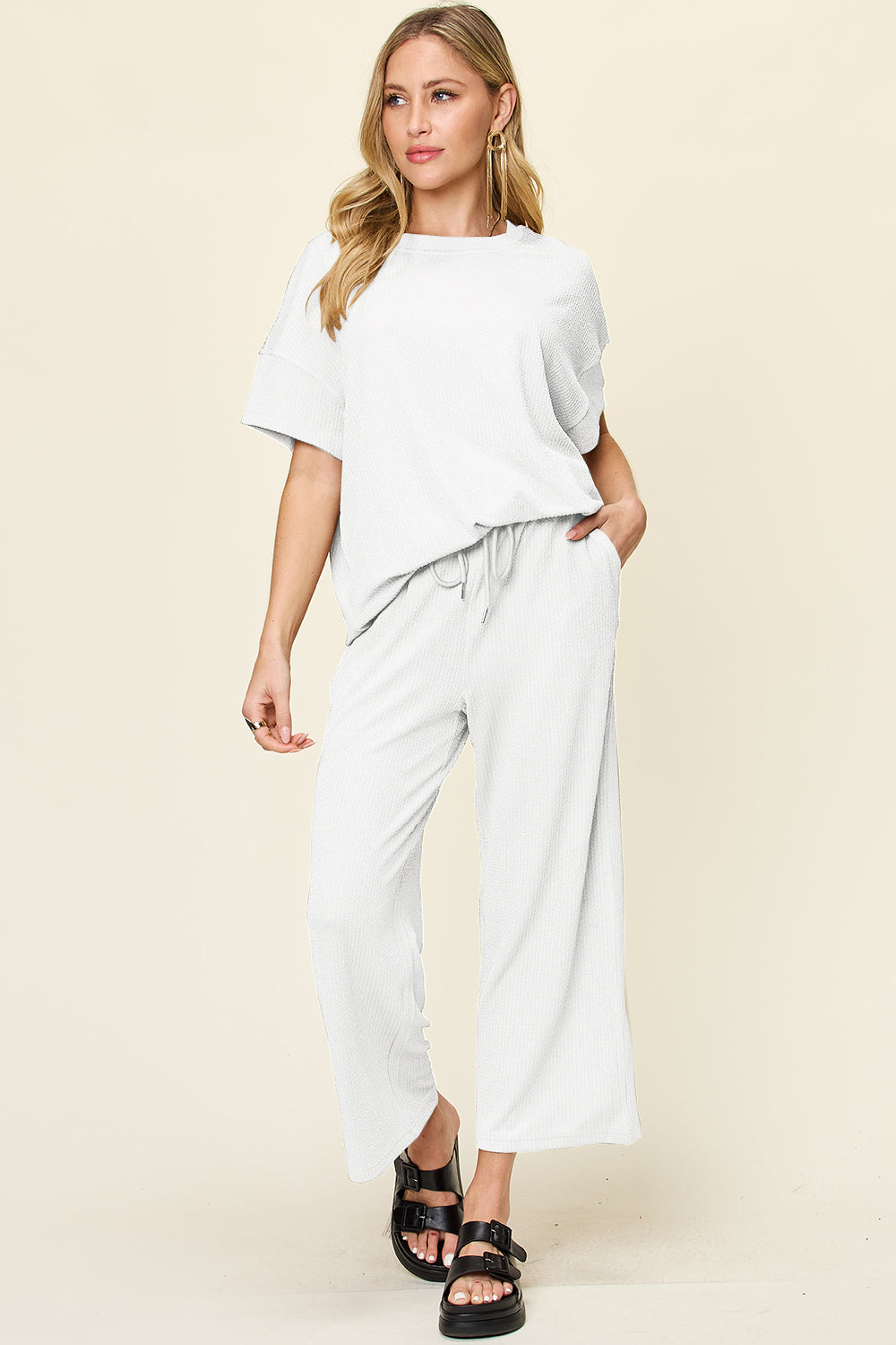Double Take Women’s Full Size Texture Round Neck Short Sleeve T-Shirt and Wide Leg Pants Polyester Spandex Size S-3XL