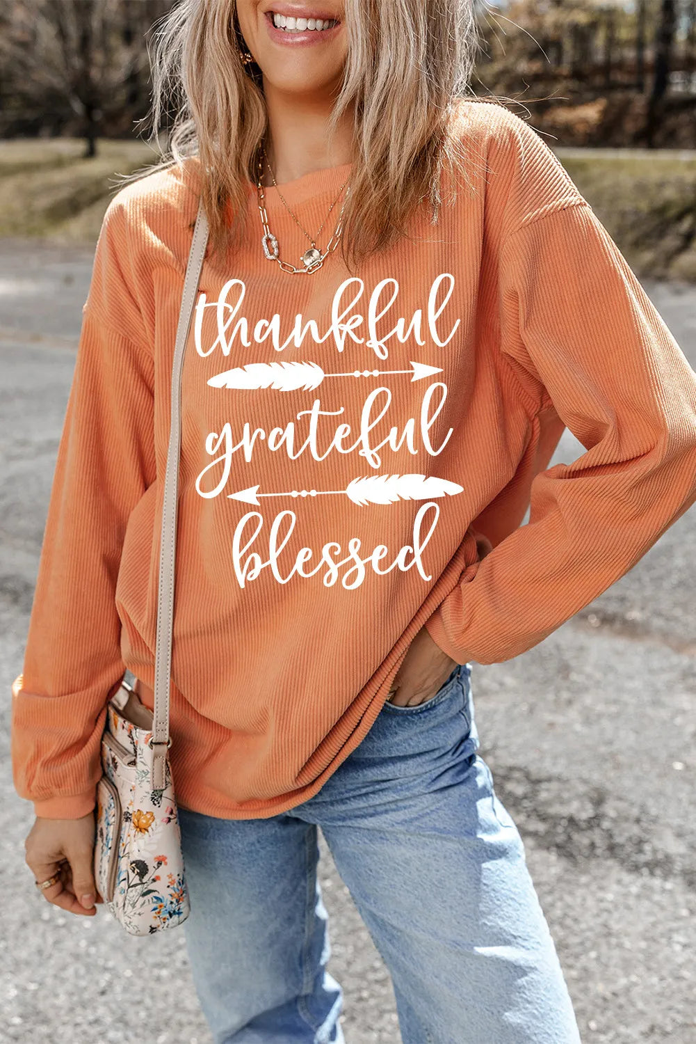 Blueberi B Women’s Letter Graphic Round Neck Long Sleeve Sweatshirt Polyester Size S-2XL