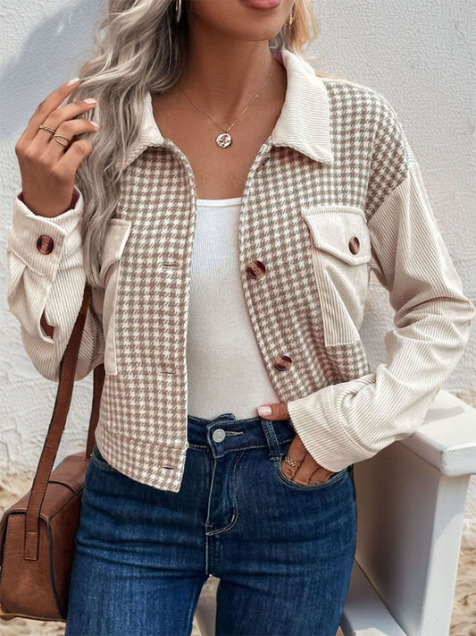Blueberi B Women's Pocketed Houndstooth Long Sleeve Jacket Polyester Size M-XL
