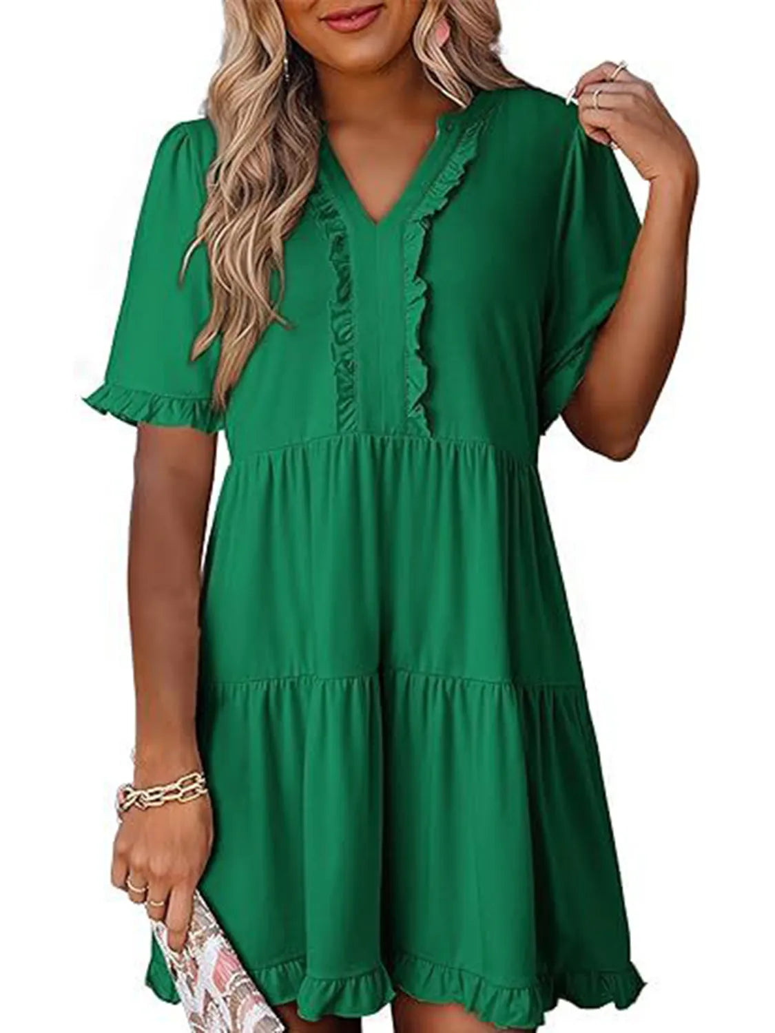 Sample Tiered Notched Short Sleeve Mini Dress Sample Tiered Notched Short Sleeve Mini Dress