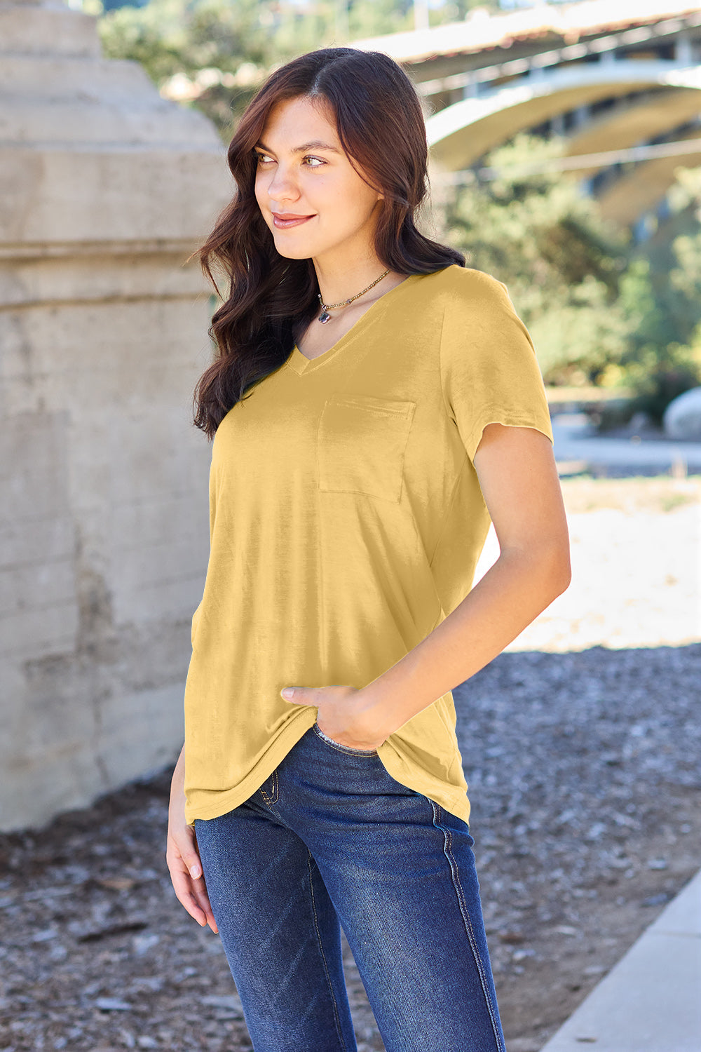 Basic Bae Women’s Bamboo Full Size V-Neck Short Sleeve T-Shirt Bamboo Spandex Size S-3XL