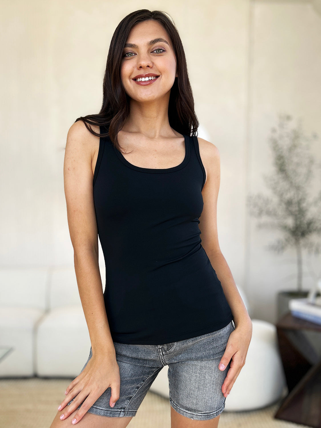 Basic Bae Women’s Full Size Square Neck Wide Strap Tank Nylon Spandex Size S-3XL