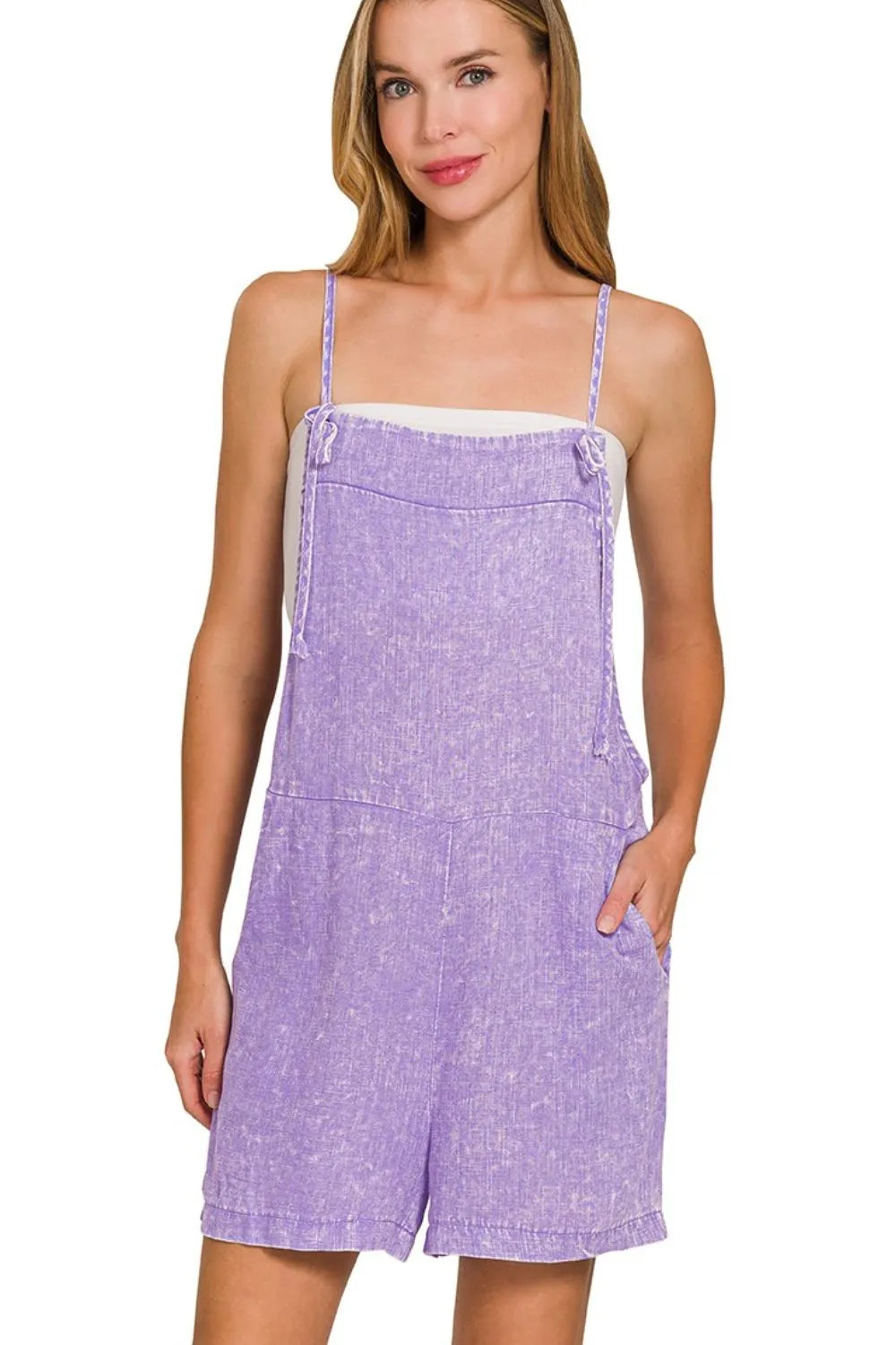 Zenana Washed Linen Knot Strap Rompers Lavender / S
