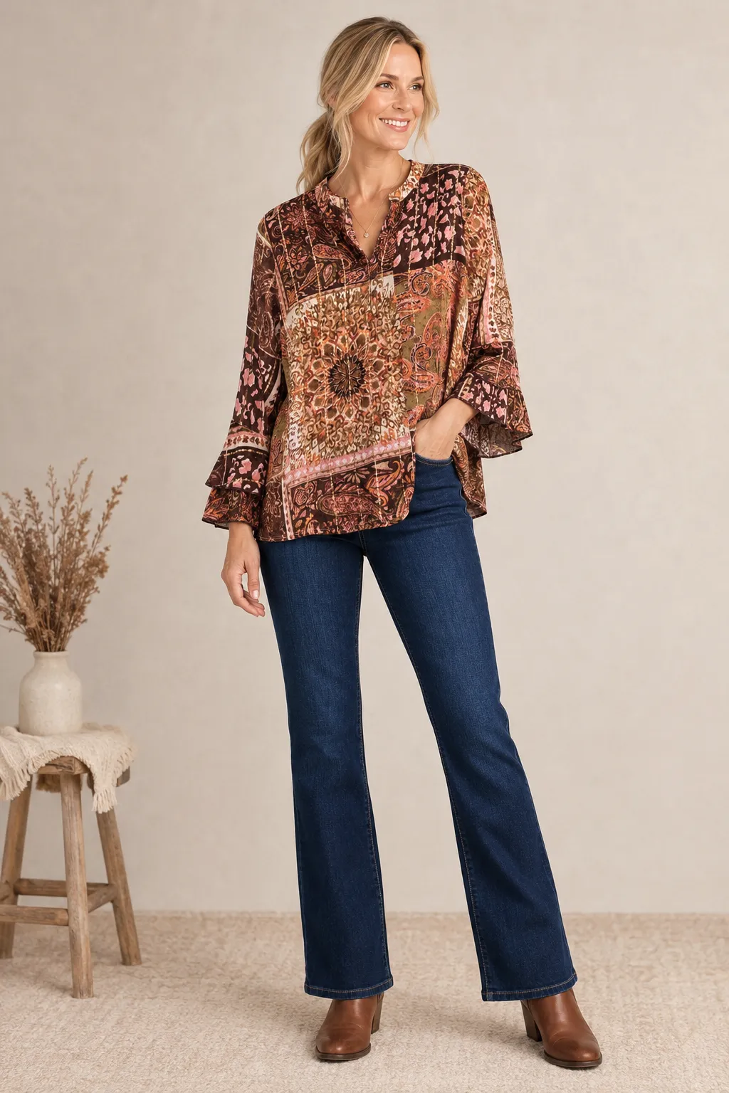 Pine Apparel Paisley Crepe Lurex Ruffle Sleeve Blouse | 100% Rayon | S-XL | Rust