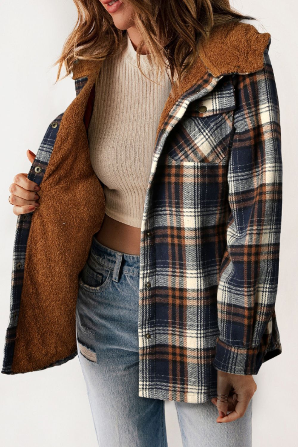 Blueberi B Women’s Plaid Button Up Long Sleeve Hooded Jacket Polyester Size S-2XL