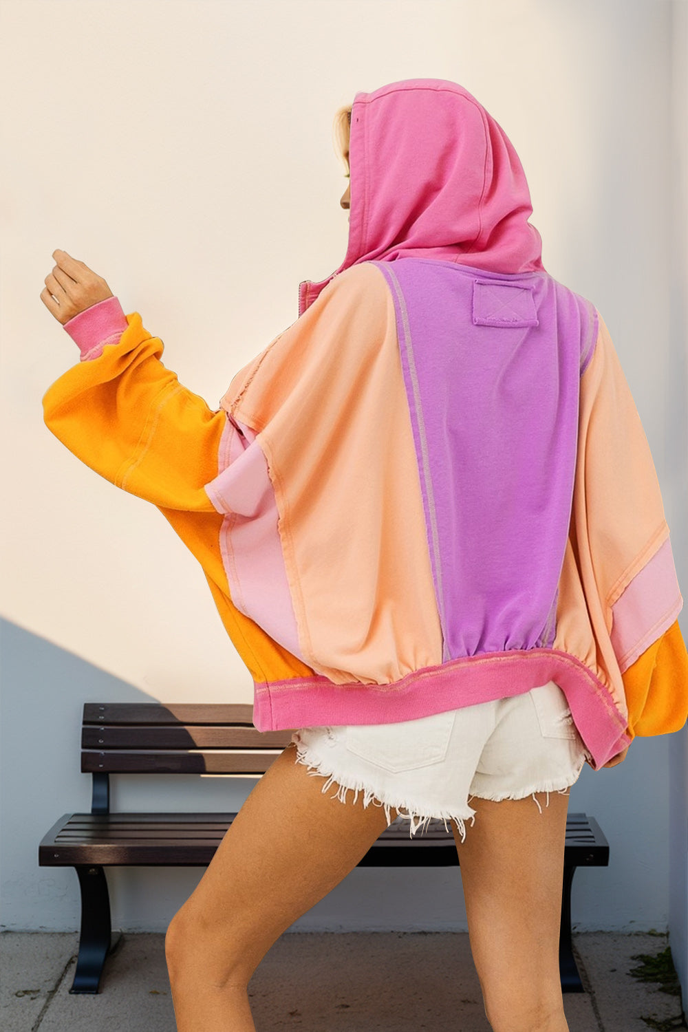 Double Take Women’s Full Size Color Block Long Sleeve Zip Up Hoodie Cotton Polyester Size S-3XL