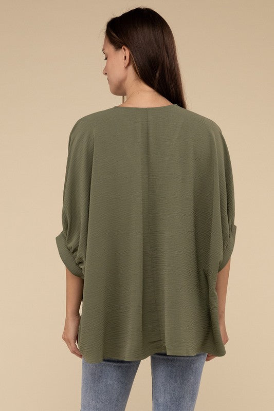 Zenana Women's Clothing Woven Airflow V-Neck Puff Half Sleeve Top Polyester S/M L/XL
