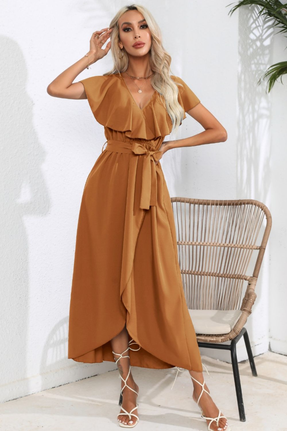 Blueberi B Women’s Ruffled Tied V-Neck Midi Dress Polyester S-XL