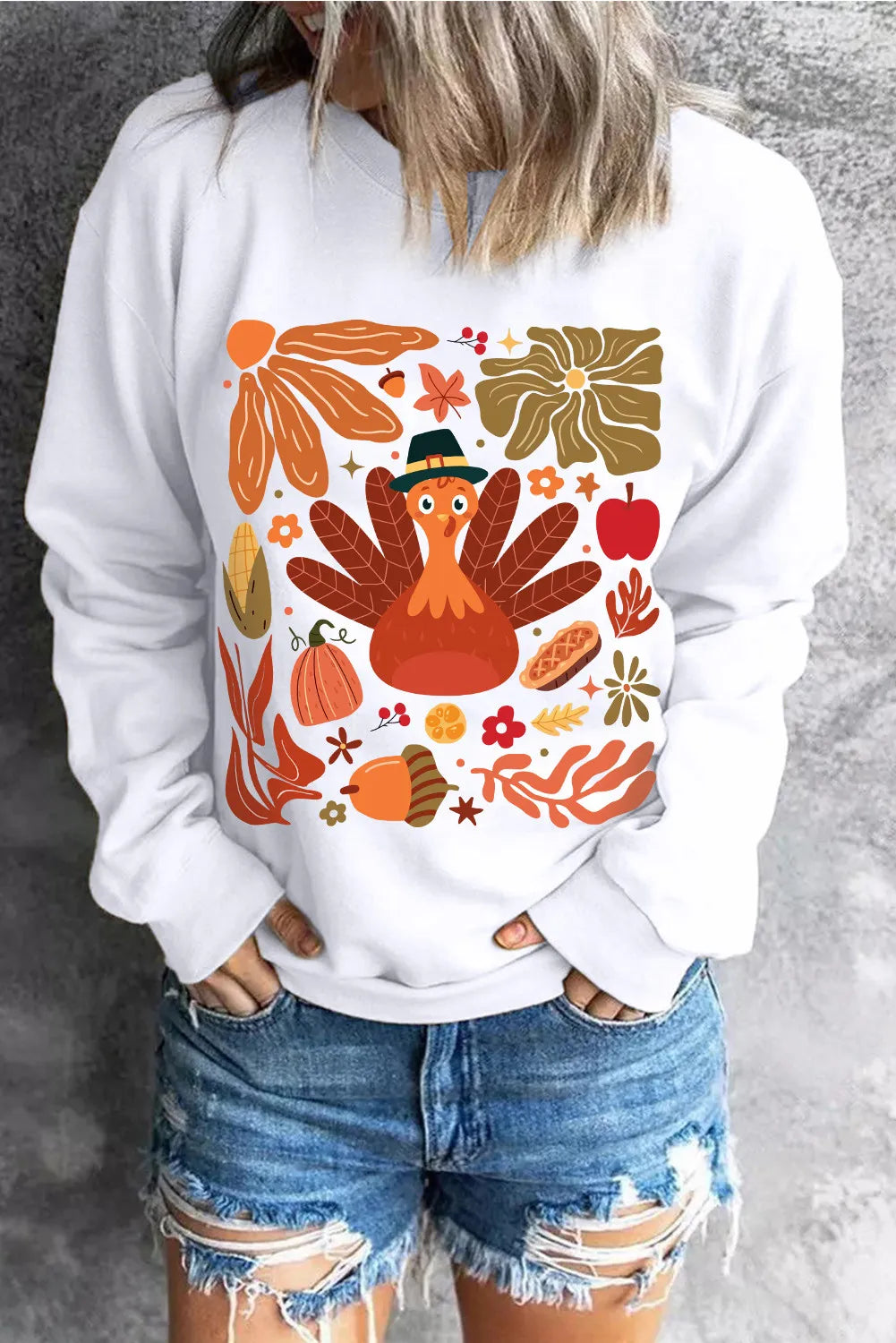 Blueberi B Women’s Graphic Round Neck Long Sleeve Turkey Sweatshirt Polyester Cotton S-2XL