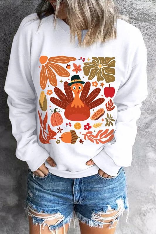 Blueberi B Women’s Graphic Round Neck Long Sleeve Turkey Sweatshirt Polyester Cotton S-2XL