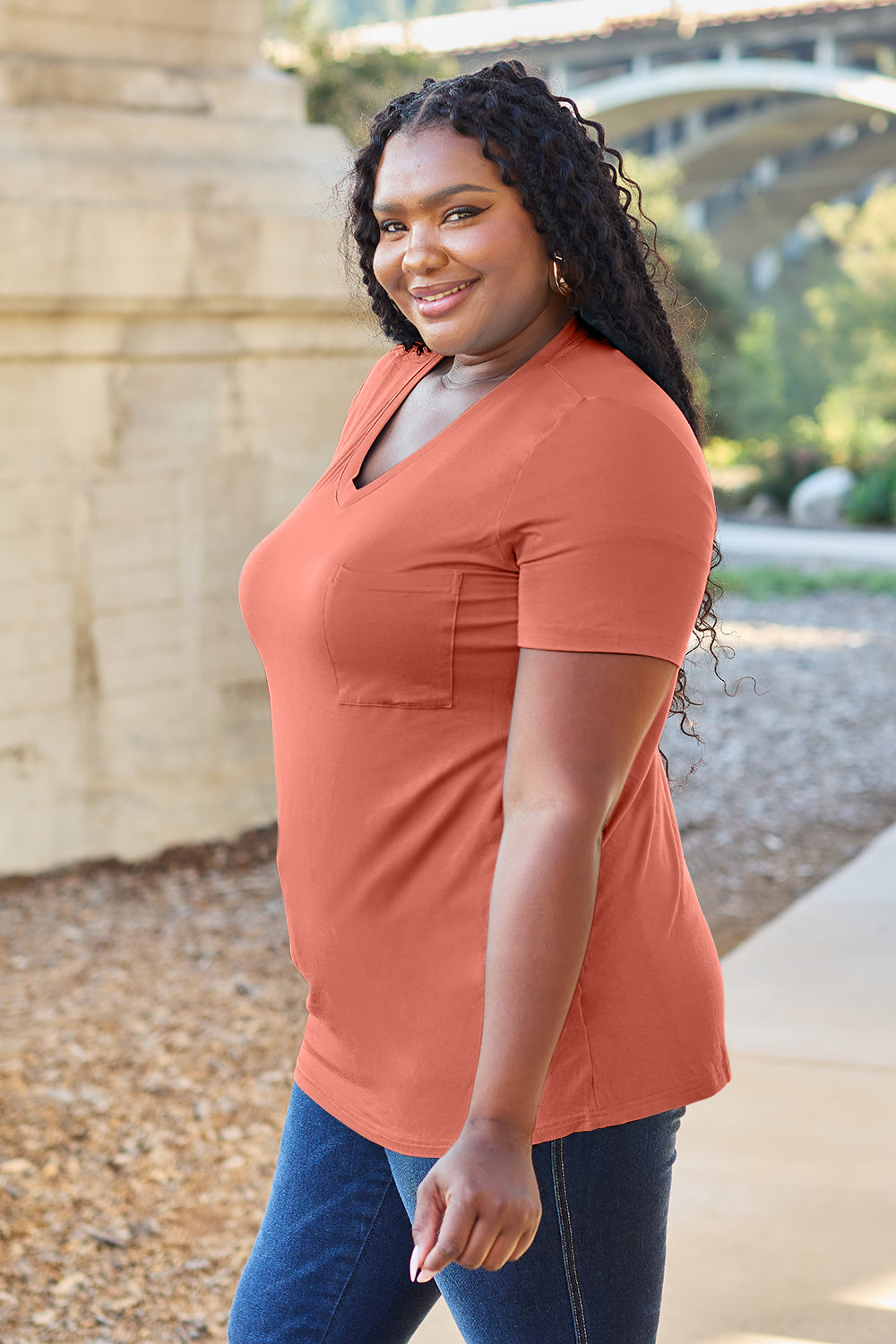 Basic Bae Women’s Bamboo Full Size V-Neck Short Sleeve T-Shirt Bamboo Spandex Size S-3XL