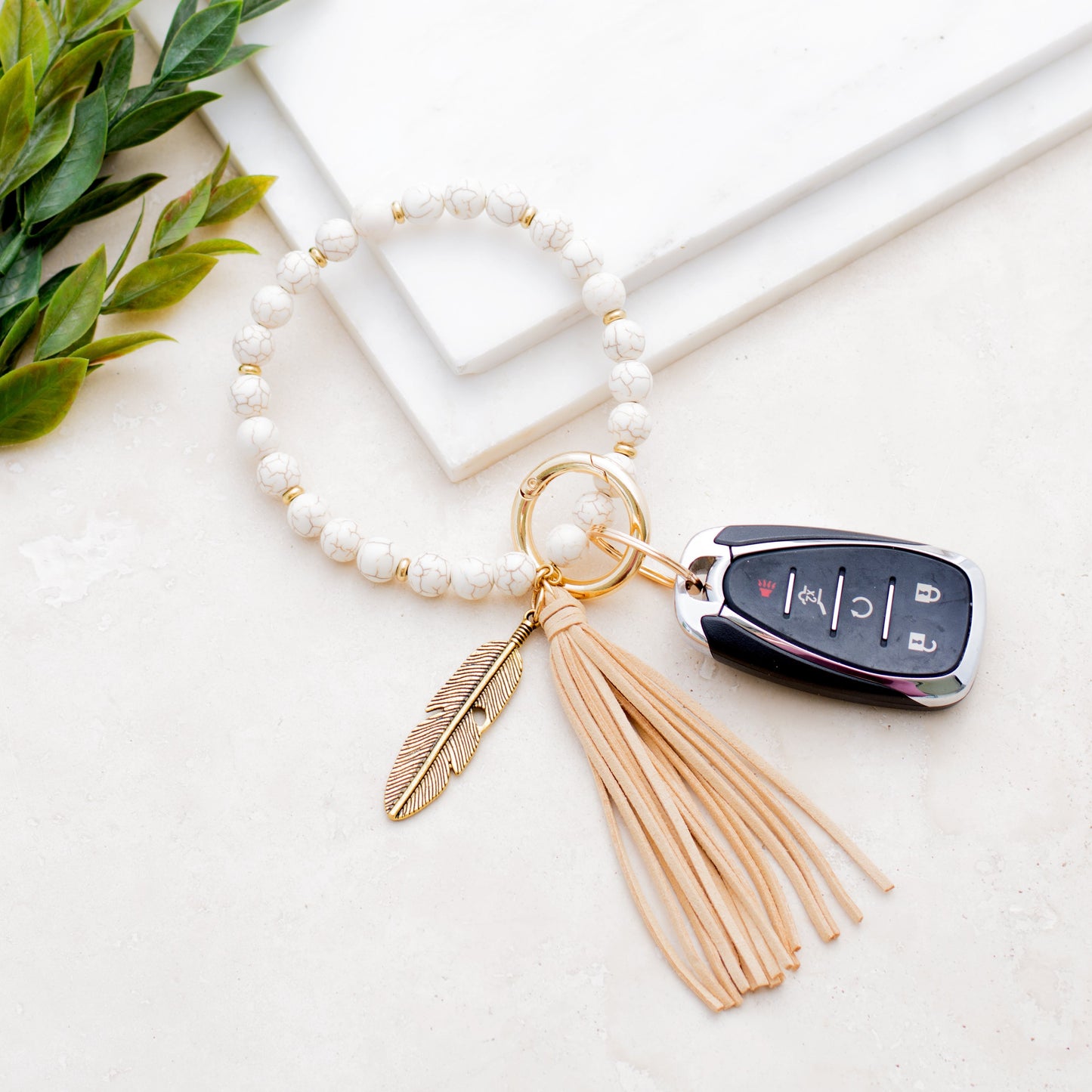 Genuine Stone Bead Suede Tassel Antique Gold Feather Charm Boho Key Ring Bracelet | 4"