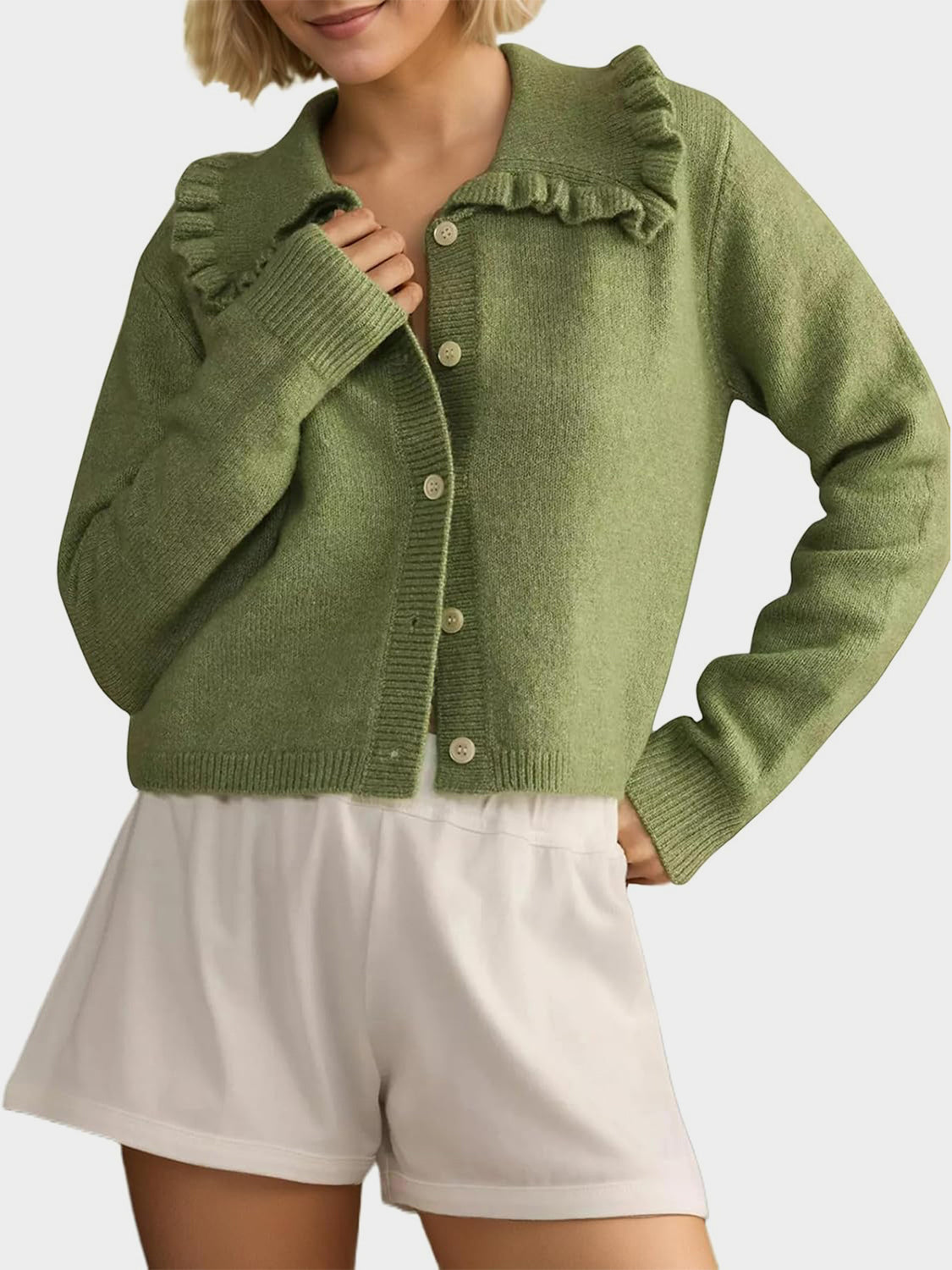 Blueberi B Women’s Frill Button Up Collared Neck Long Sleeve Cardigan Polyester Cotton Size S-XL