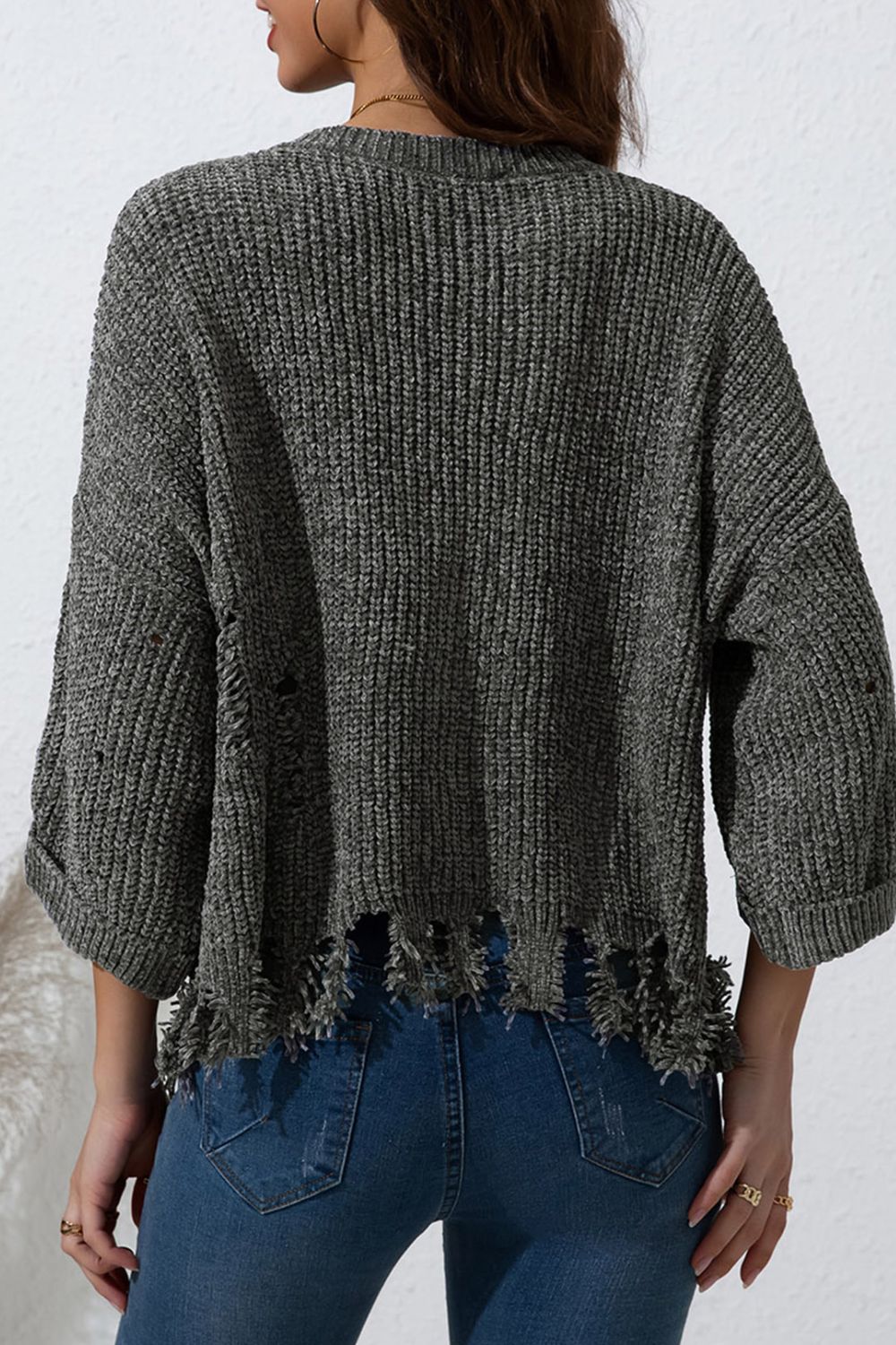 Blueberi B Women’s Distressed Round Neck Drop Shoulder Long Sleeve Sweater Polyester Size M-2XL