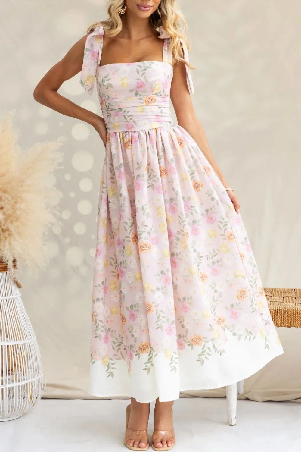 Printed Tie Shoulder Midi Cami Dress Blush Pink / M