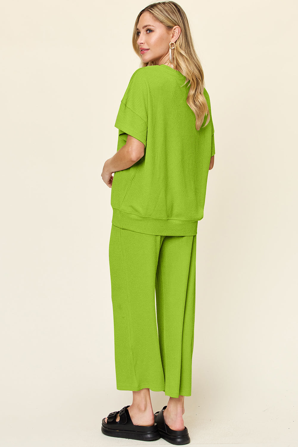 Double Take Women’s Full Size Texture Round Neck Short Sleeve T-Shirt and Wide Leg Pants Polyester Spandex Size S-3XL