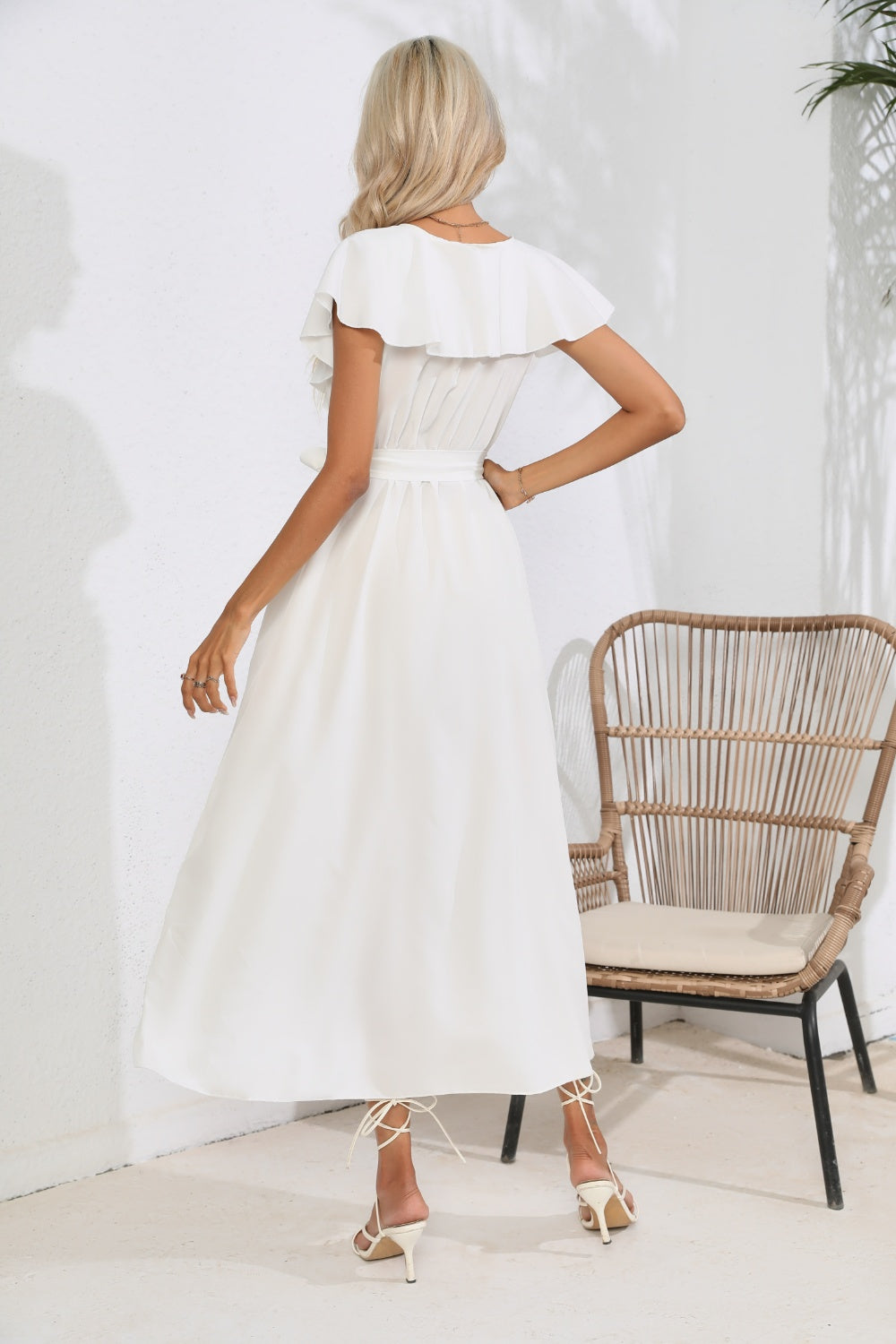Blueberi B Women’s Ruffled Tied V-Neck Midi Dress Polyester S-XL
