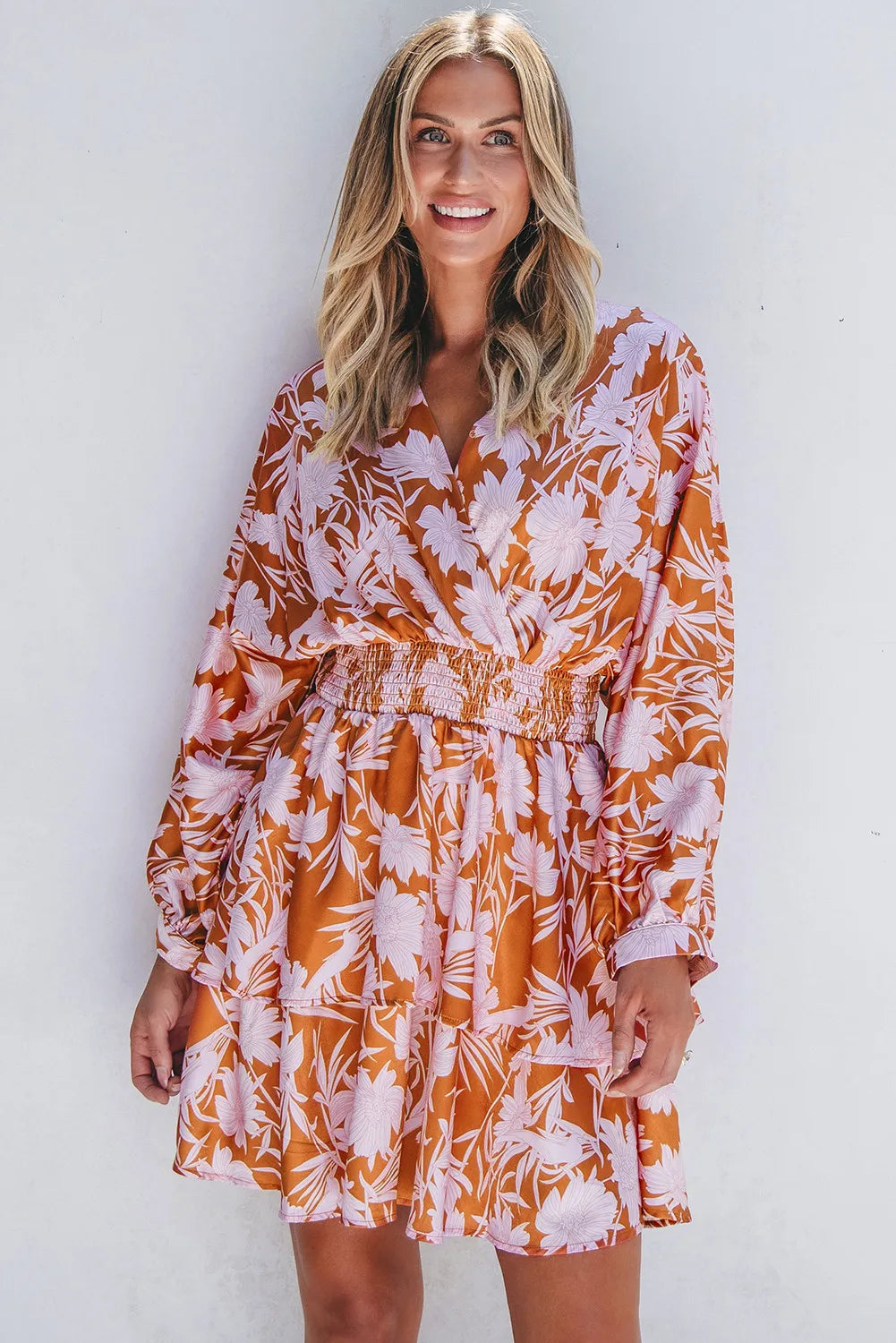 Blueberi B Women’s Smocked Printed Long Sleeve Mini Dress Polyester S-XL