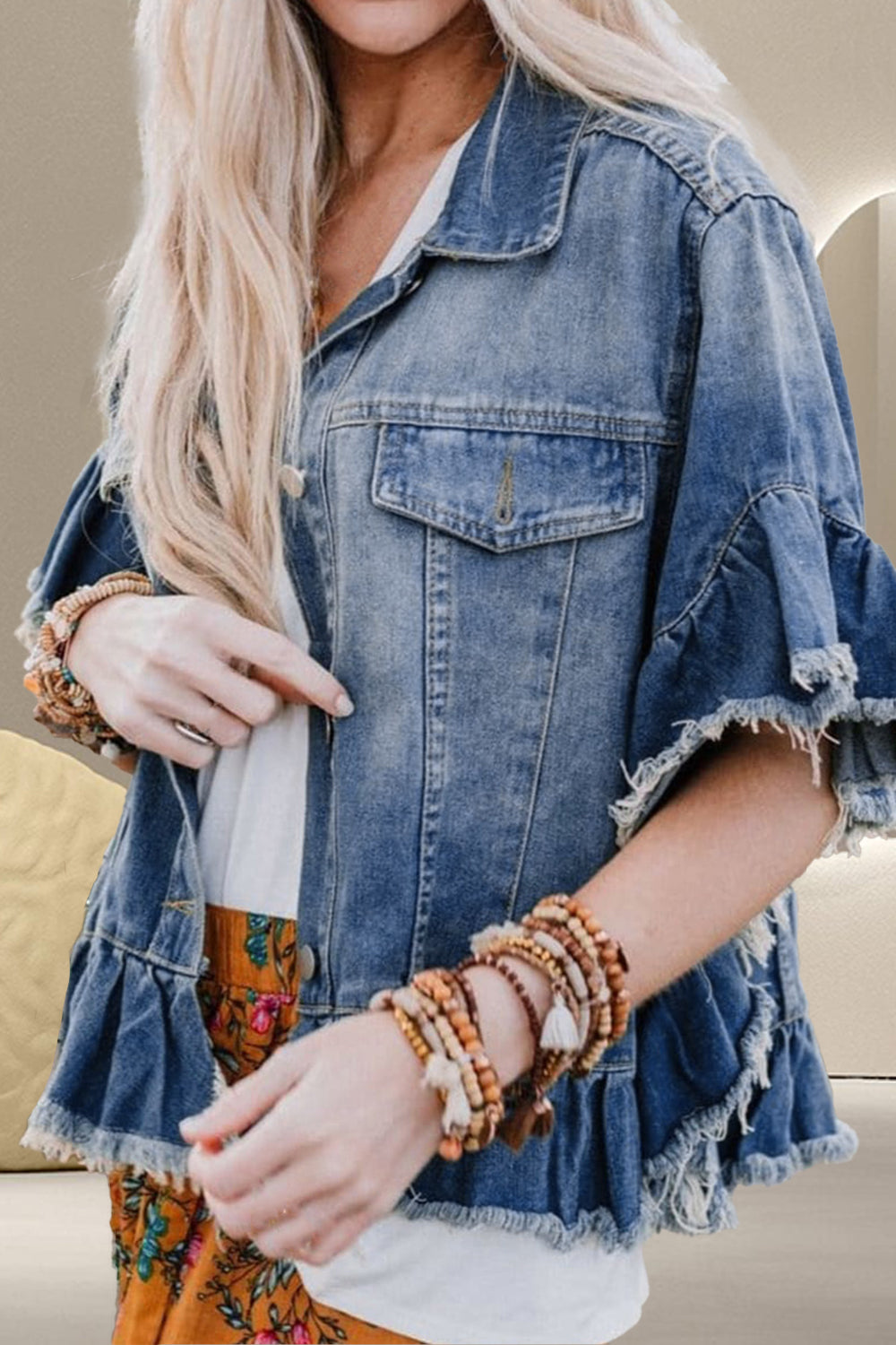 Blueberi B Women’s Ruffled Raw Hem Half Sleeve Denim Top Cotton Polyester Size S-2XL