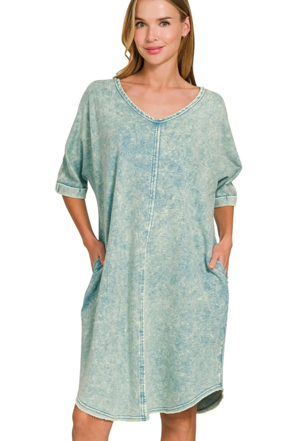 Zenana Acid-Washed French Terry Tee Shirts Dress Ash Blue / S/M