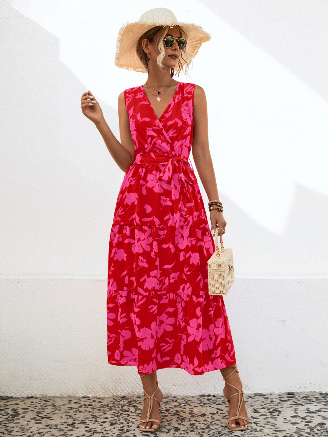 Blueberi B Women’s Tied Printed Surplice Tiered Dress Polyester Elastane Size S-XL