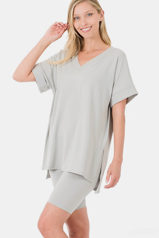 Zenana Women's Full Size V-Neck Short Sleeve Slit T-Shirt and Shorts Set Polyester Spandex Size X-3XL