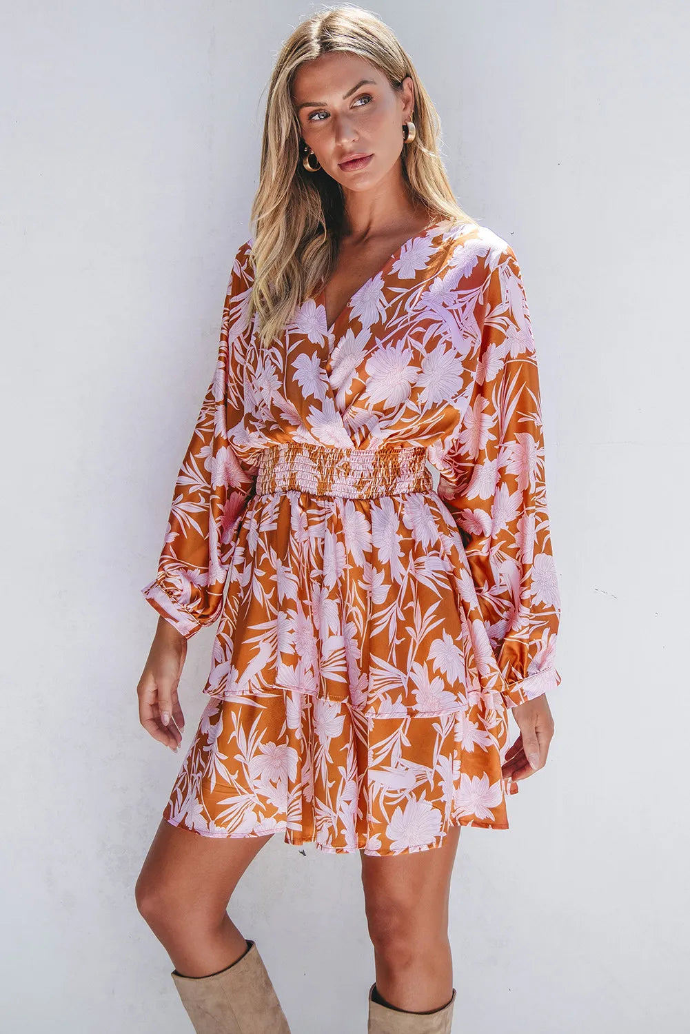 Blueberi B Women’s Smocked Printed Long Sleeve Mini Dress Polyester S-XL