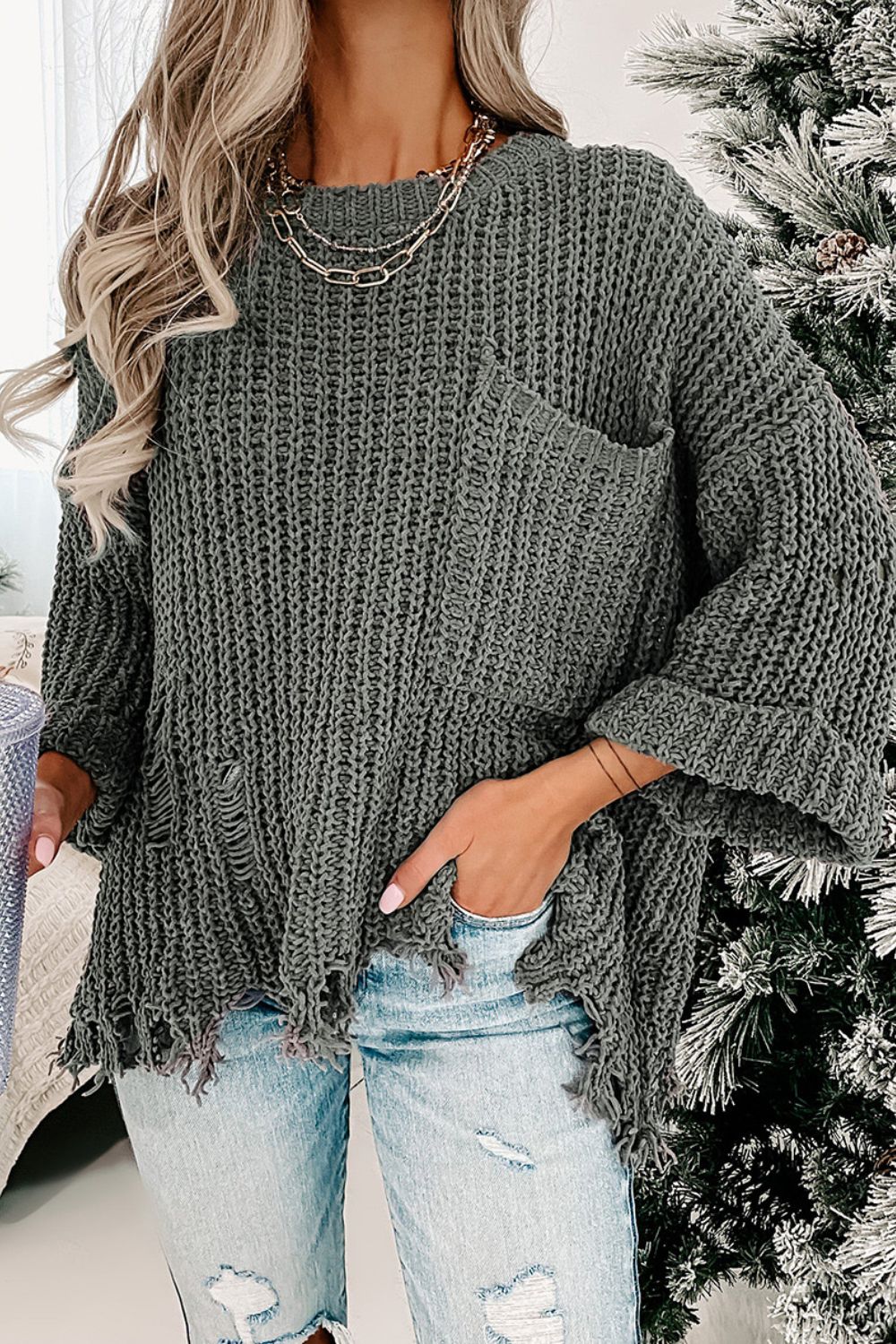 Blueberi B Women’s Distressed Round Neck Drop Shoulder Long Sleeve Sweater Polyester Size M-2XL