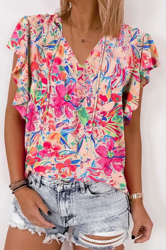 Blueberi B Women's Ruffled Printed Tie Neck Cap Sleeve Blouse Polyester S-XL