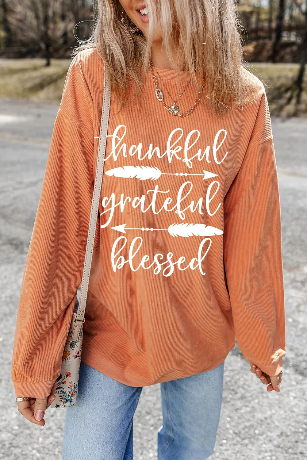 Blueberi B Women’s Letter Graphic Round Neck Long Sleeve Sweatshirt Polyester Size S-2XL