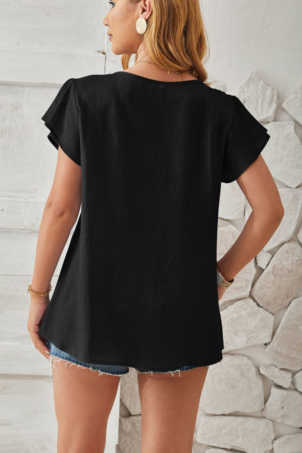 Blueberi B Women's Ruched V-Neck Flounce Sleeve Blouse Polyester Size S-2XL