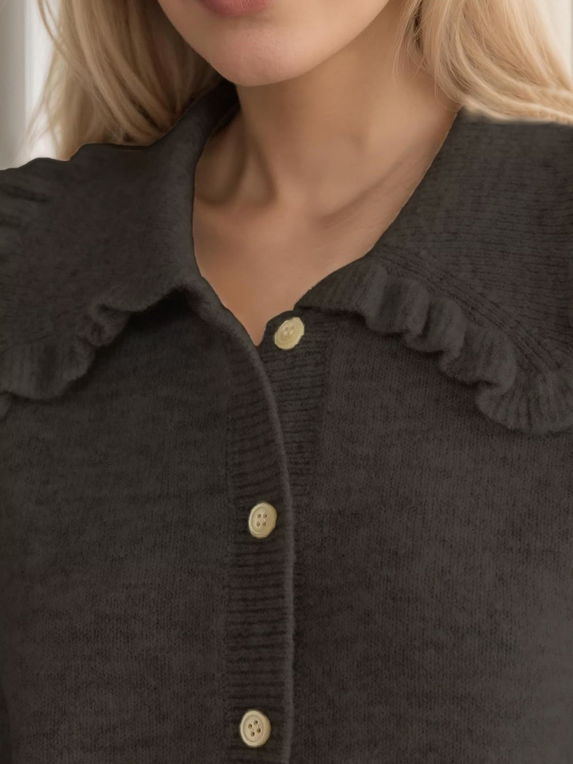 Blueberi B Women’s Frill Button Up Collared Neck Long Sleeve Cardigan Polyester Cotton Size S-XL