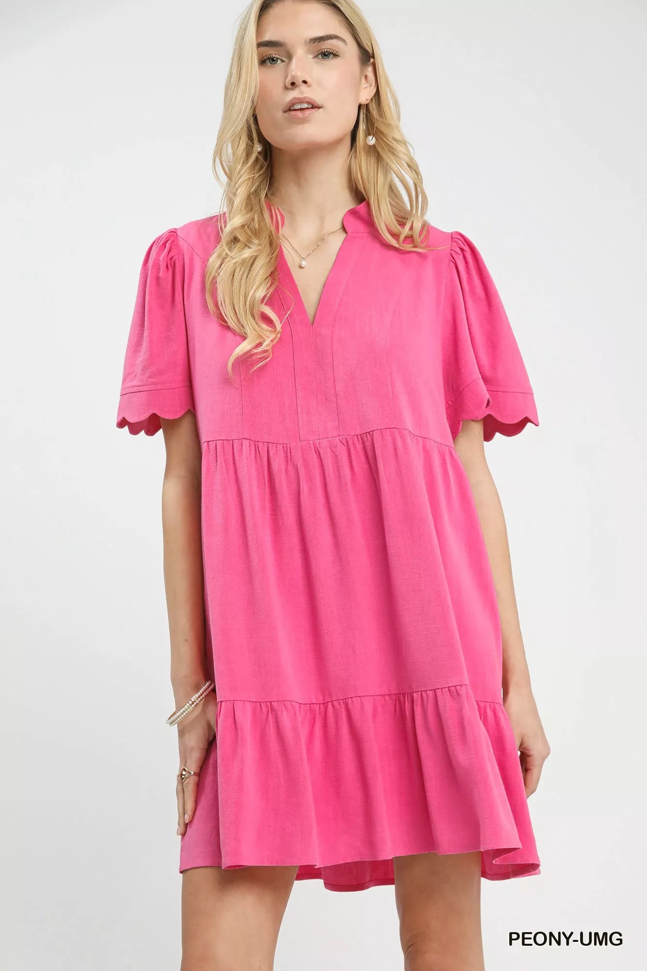 Linen Tiered Ruffle Babydoll Dress with Scalloped Sleeves by Umgee | S–L