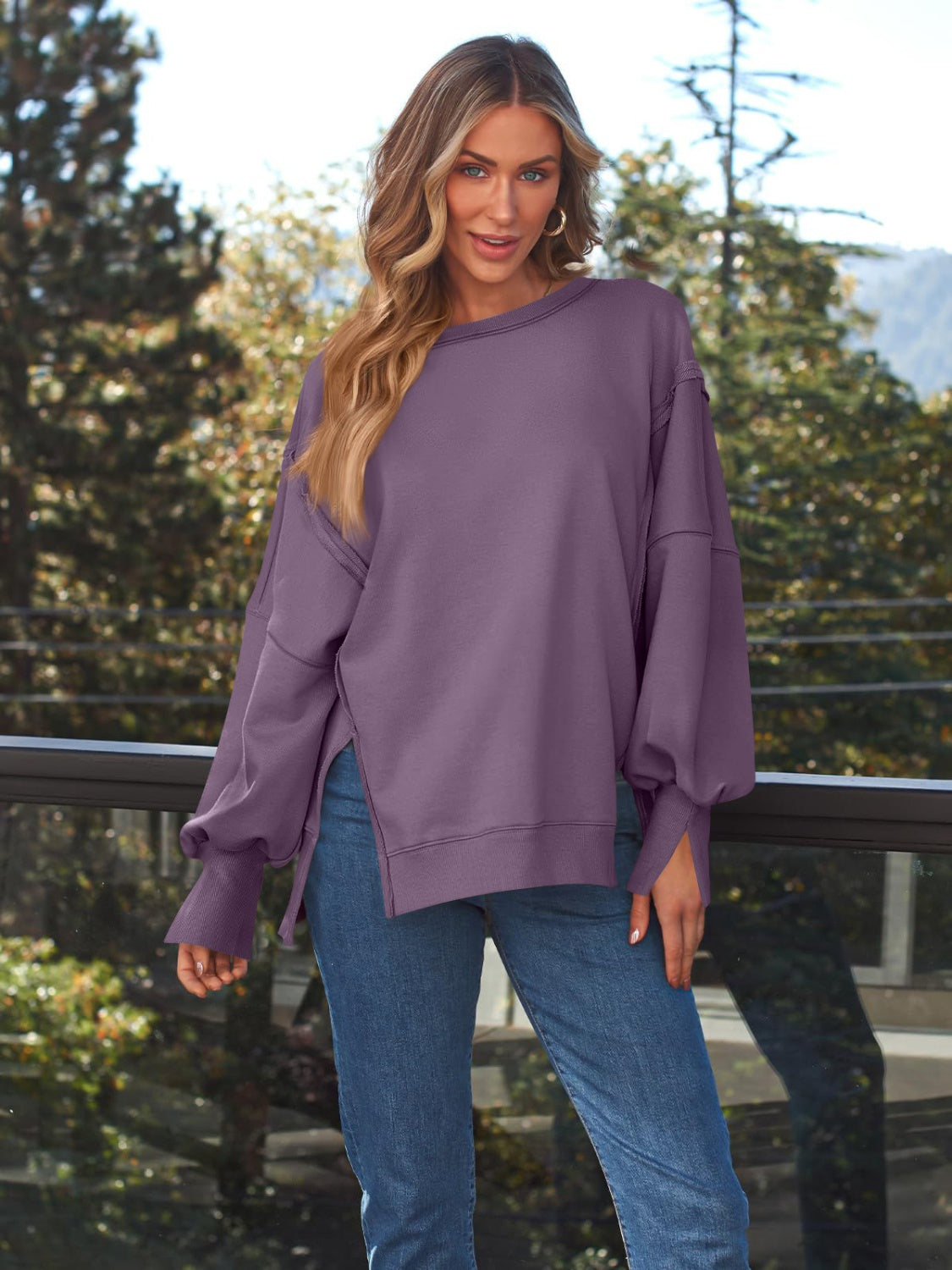 Blueberi B Women's  Slit Round Neck Long Sleeve Sweatshirt Rayon Polyester Size S-2XL