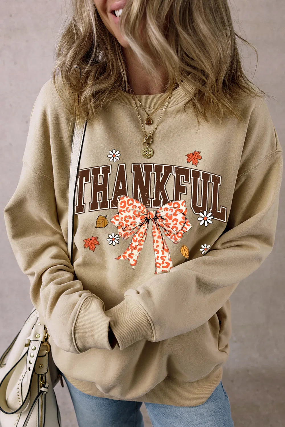 Blueberi B Women’s THANKFUL Bow Round Neck Long Sleeve Sweatshirt Polyester Cotton Size S-XL
