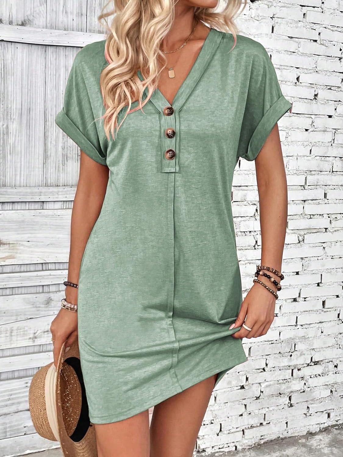 Blueberi B Women’s Quarter Button V-Neck Short Sleeve Dress Polyester Size S-XL