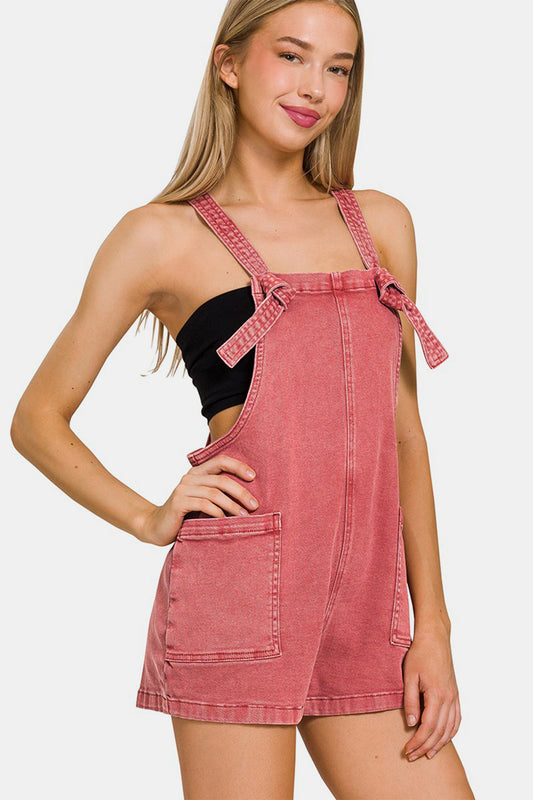Zenana Women’s Washed Knot Strap Rompers Cotton Spandex S-L