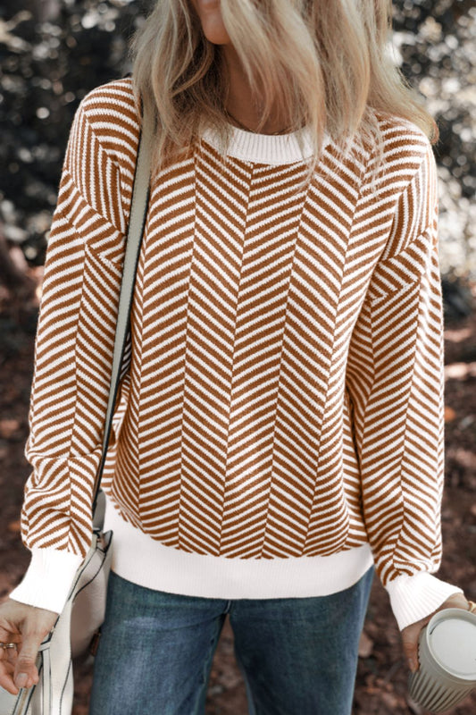 Blueberi B Women’s Striped Round Neck Long Sleeve Sweater Viscose Polyester Polymide Size S-2XL