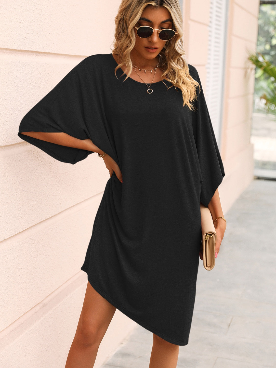Blueberi B Women’s Ivy Lane Round Neck Three-Quarter Sleeve Tee Dress Polyester Spandex Size S-L