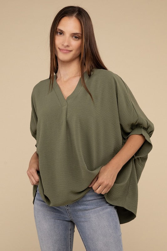 Zenana Women's Clothing Woven Airflow V-Neck Puff Half Sleeve Top Polyester S/M L/XL