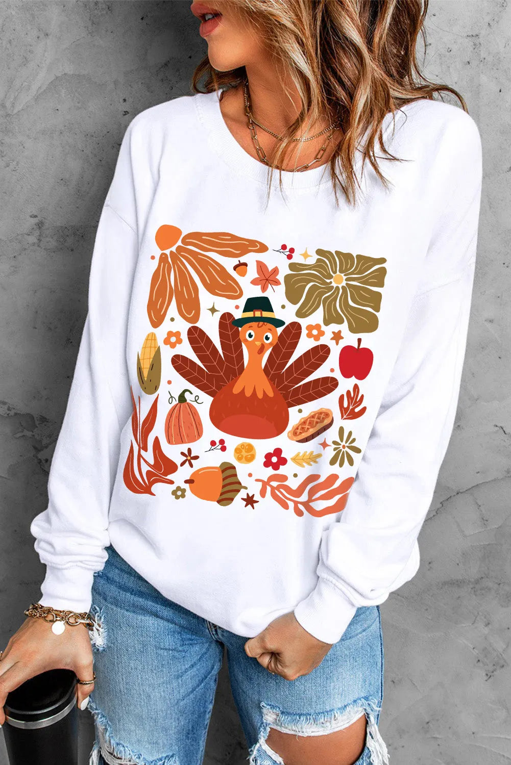 Blueberi B Women’s Graphic Round Neck Long Sleeve Turkey Sweatshirt Polyester Cotton S-2XL