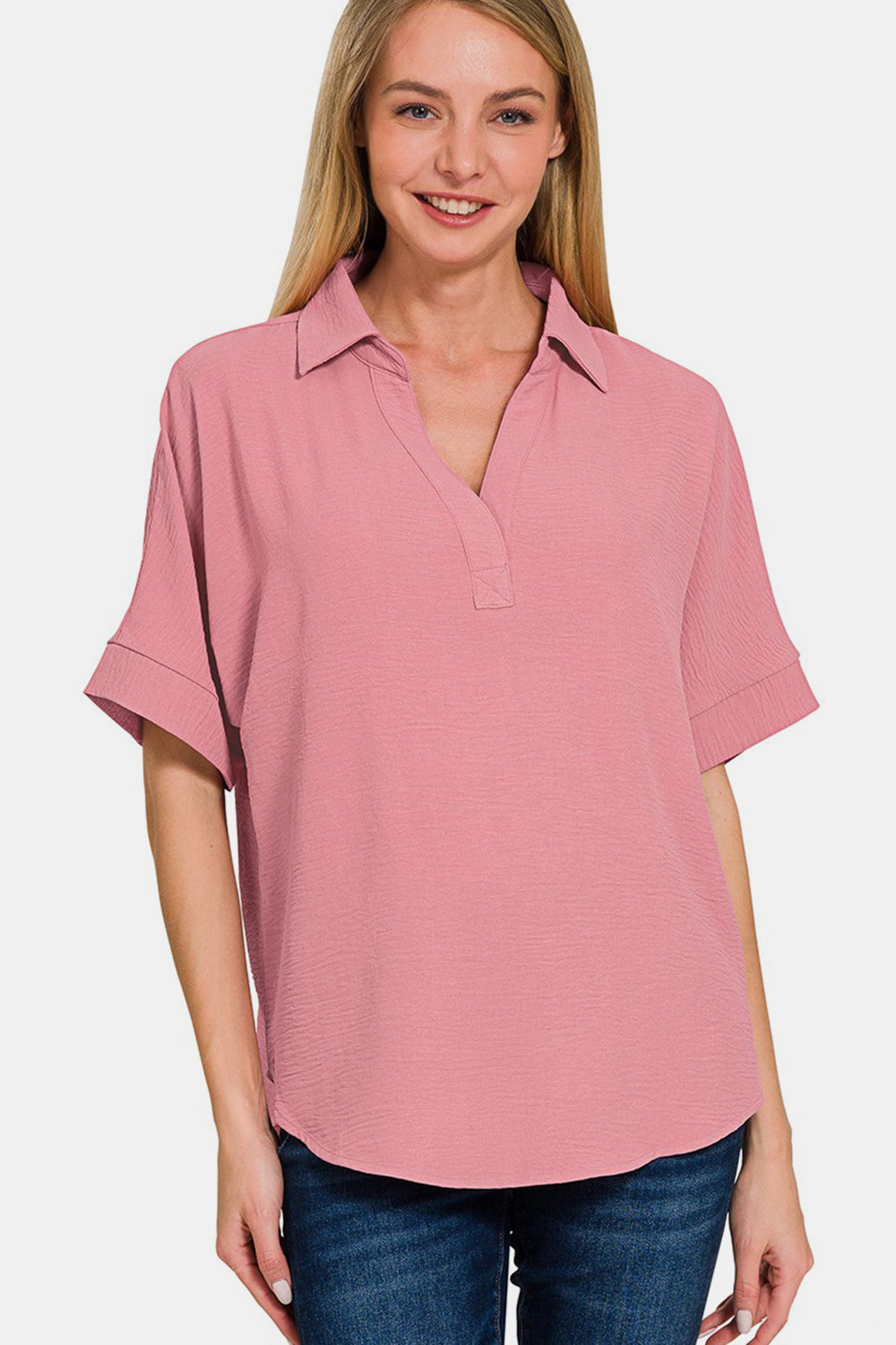 Zenana Women's Texture Collared Neck Short Sleeve Top Polyester Size S-XL
