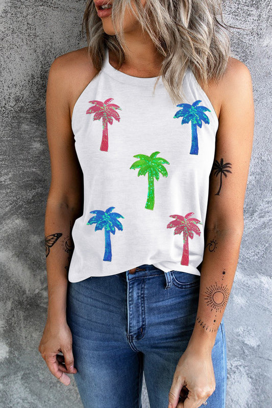 Blueberi B Women's Sequin Coconut Tree Round Neck Tank Polyester Cotton Elastane Size S-2XL