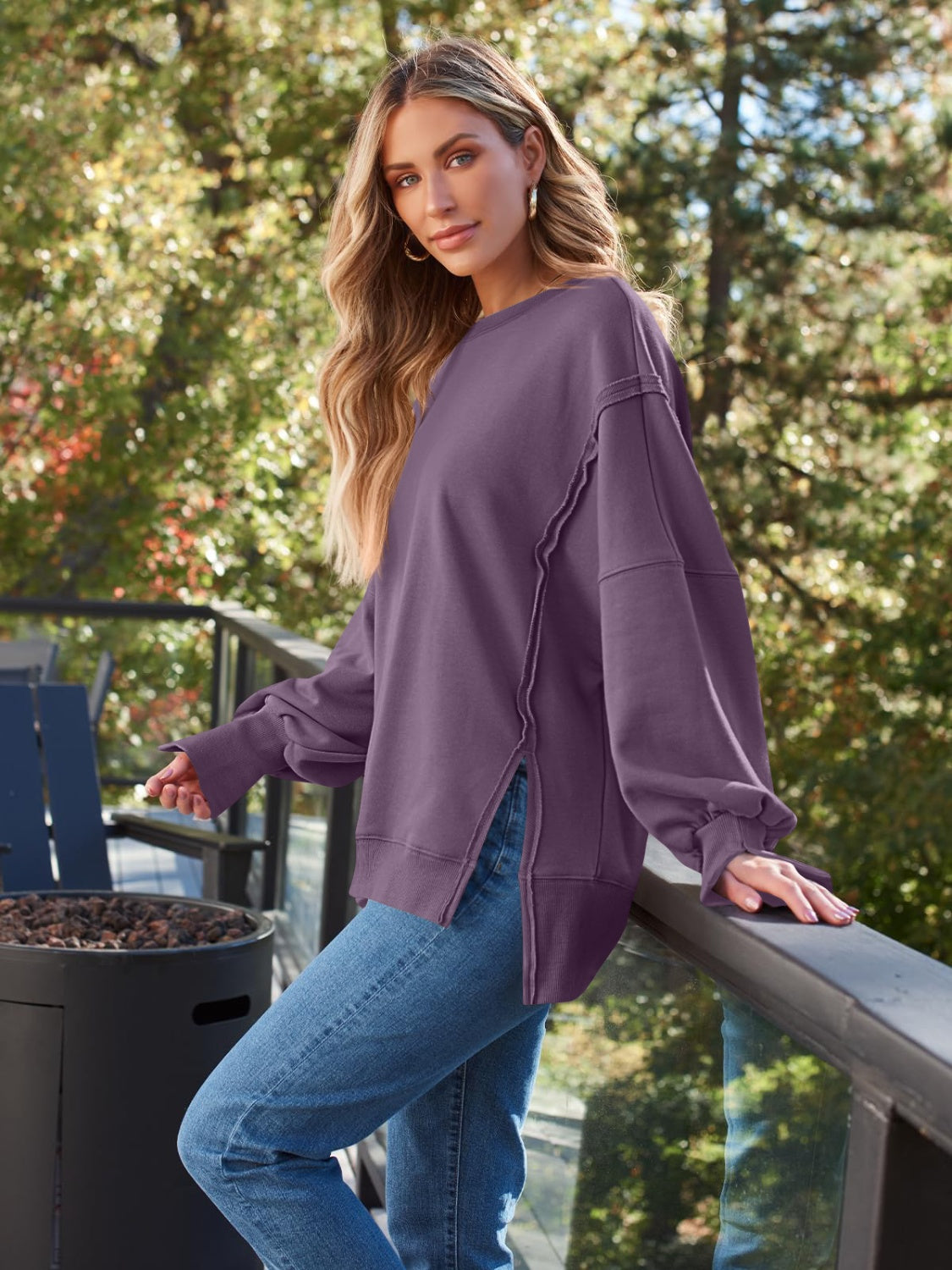 Blueberi B Women's  Slit Round Neck Long Sleeve Sweatshirt Rayon Polyester Size S-2XL