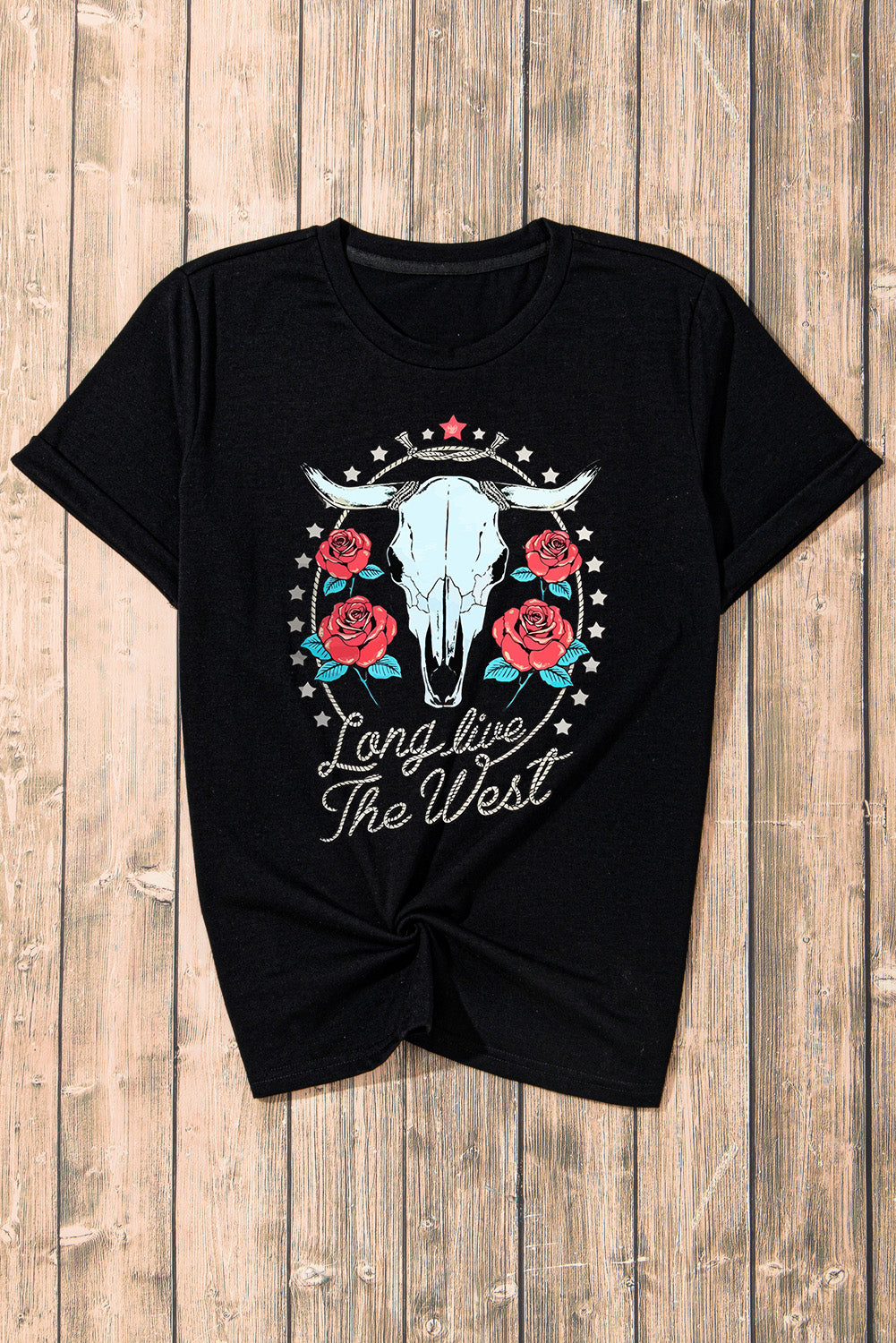 Blueberi B Women's Graphic Long Live the West Round Neck Short Sleeve T-Shirt Polyester Cotton Elastane Size S-2XL