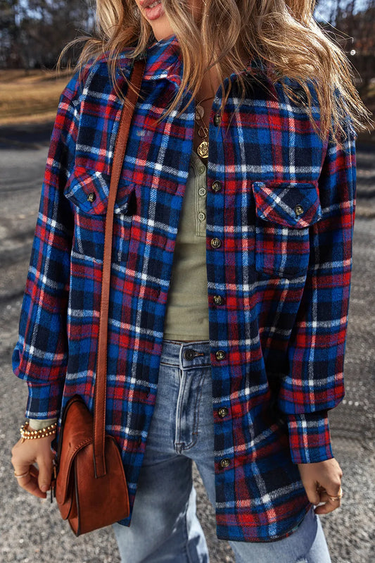 Blueberi B Women’s Pocketed Plaid Collared Neck Long Sleeve Shacket Polyester Size S-XL