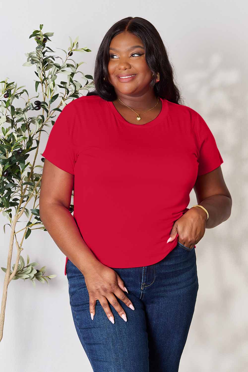 Basic Bae Women’s Full Size Round Neck Short Sleeve T-Shirt Rayon Spandex Size S-3XL